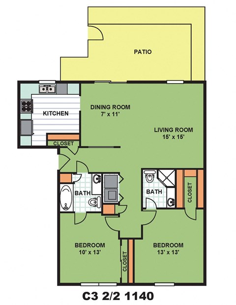 Floor plan for 2 beds, 2 baths, 1140 sqft